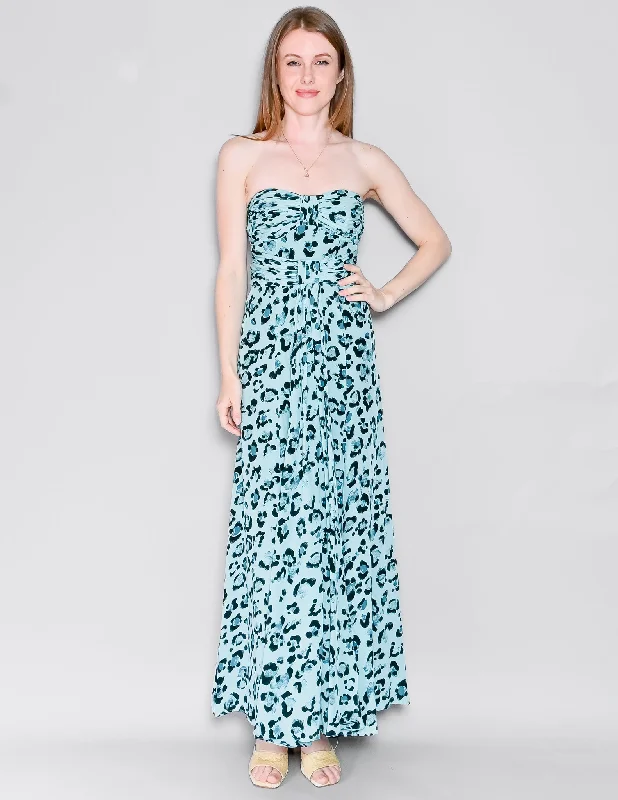 NANETTE LEPORE Silk Aqua Cheetah Strapless Maxi Dress (0) Fashionable High-Low Maxi Dress