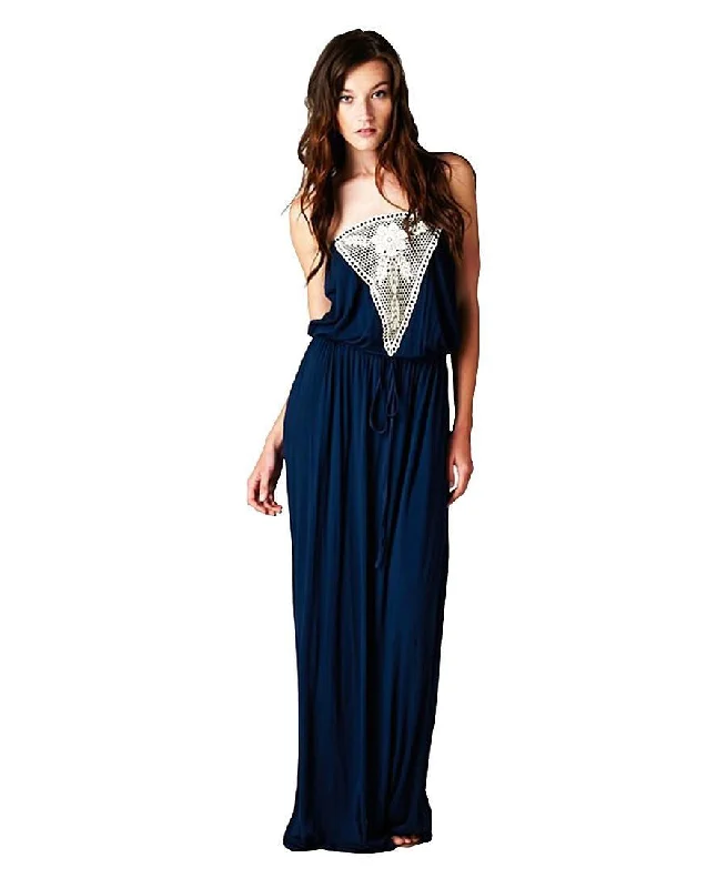 Navy Blue Strapless Maxi Dress with Elegant Crochet Chest Piece Fashionable Asymmetrical Maxi Dress