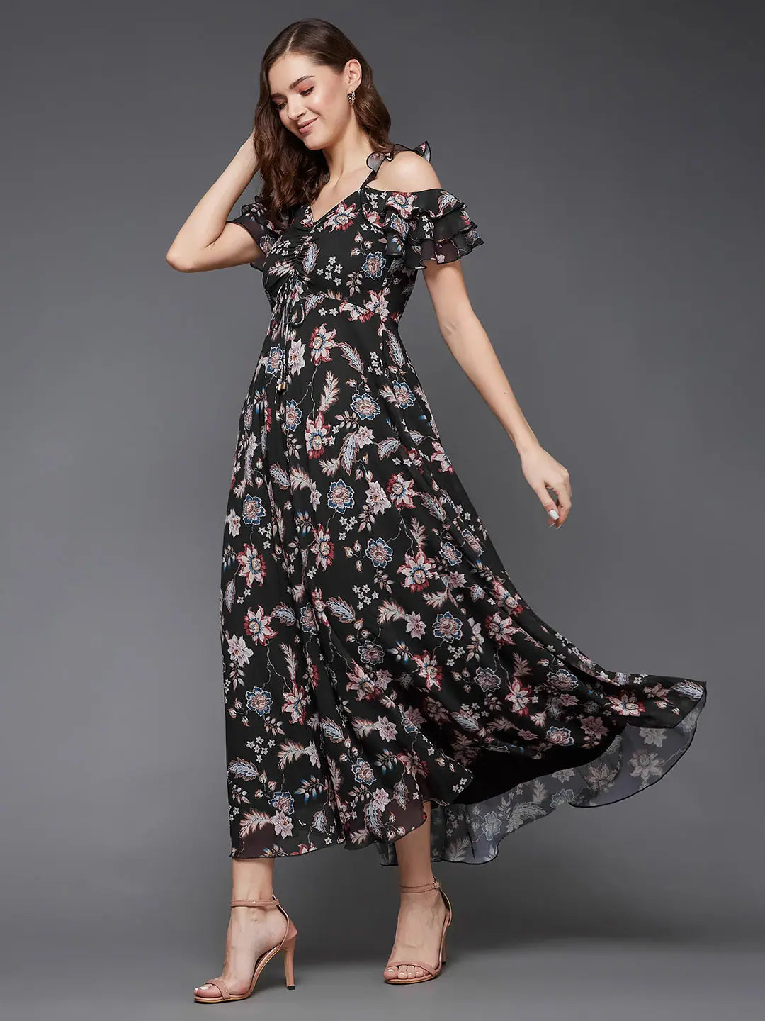 Never Have To Settle Ruching Maxi Dress Multicolored-Base-Black Trendy Off-Shoulder Ruffle Maxi Dress