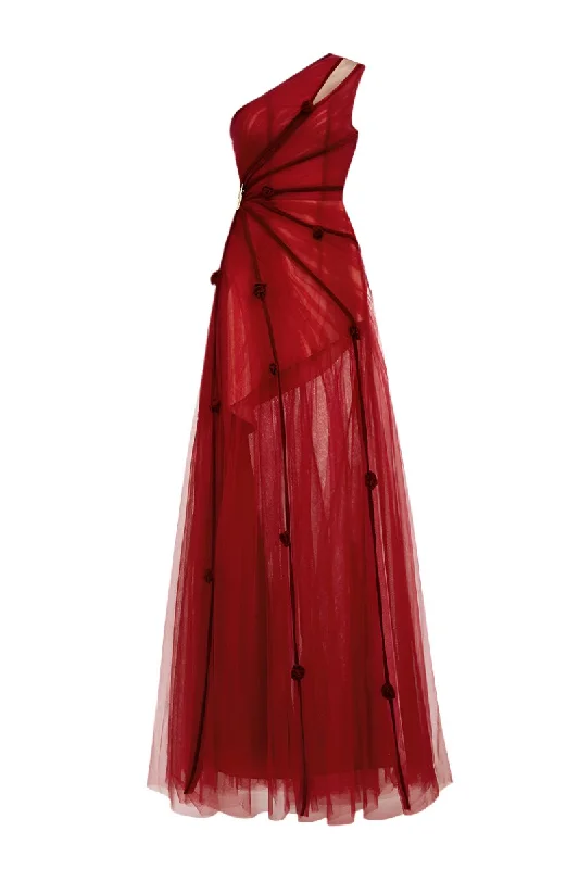 ONE-SHOULDER MESH MAXI DRESS WITH FLORAL IN RED Fashionable Open-Back Maxi Dress