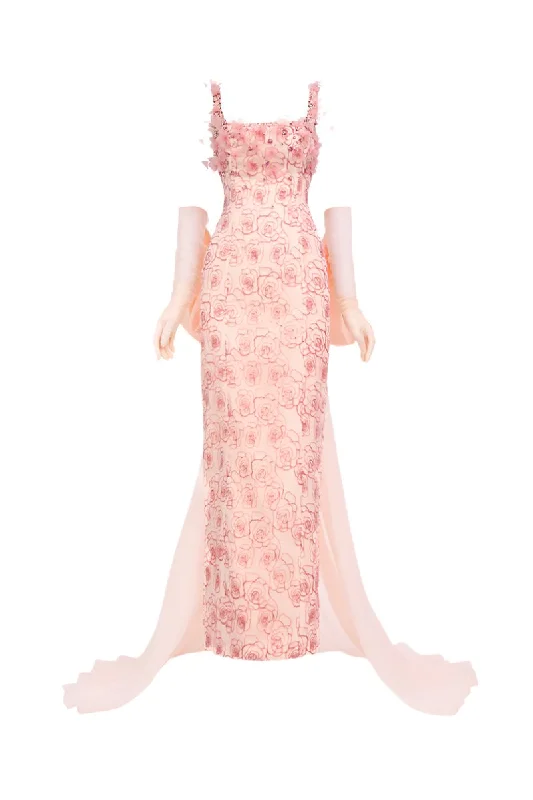 PINK ROSES ORGANZA MAXI DRESS WITH GLOVES IN PINK Fashionable Maxi Dress with Fringe