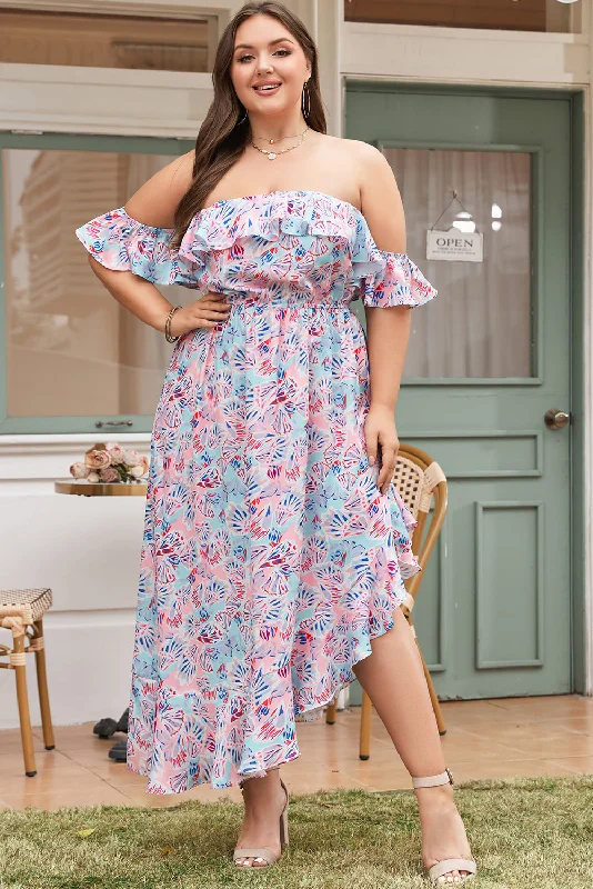 Pink Sea Shell Print Ruffled Sleeve Plus Size Maxi Dress Fashionable Chiffon Tiered Maxi Dress