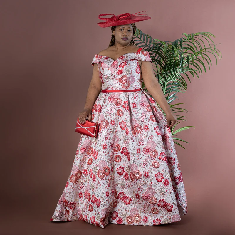 Red Floral Jacquard Fit and Flare Maxi Dress with Box Pleats Stylish Maxi Dress with Frills