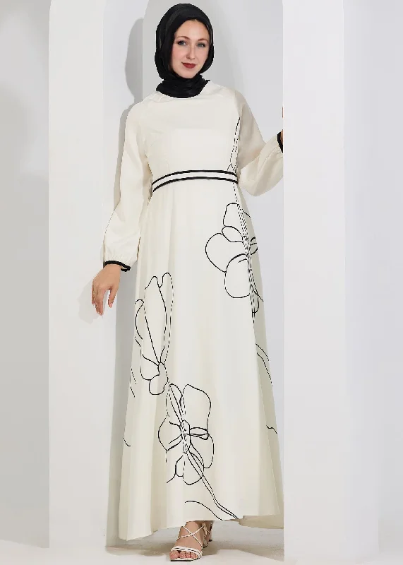 Sanaa Monochrome Elegance Crepe Polyester Maxi Dress with Floral Outline Trendy A-Line Maxi Dress