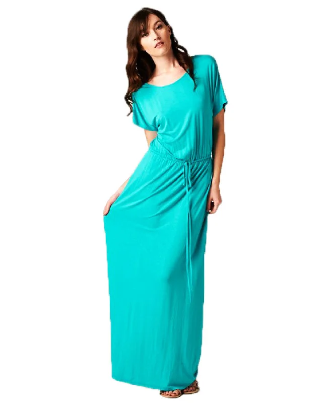 Short Sleeve Dolman Boyfriend Maxi Dress with Elastic Waist Drawstring Aqua Chic Summer Floral Maxi Dress