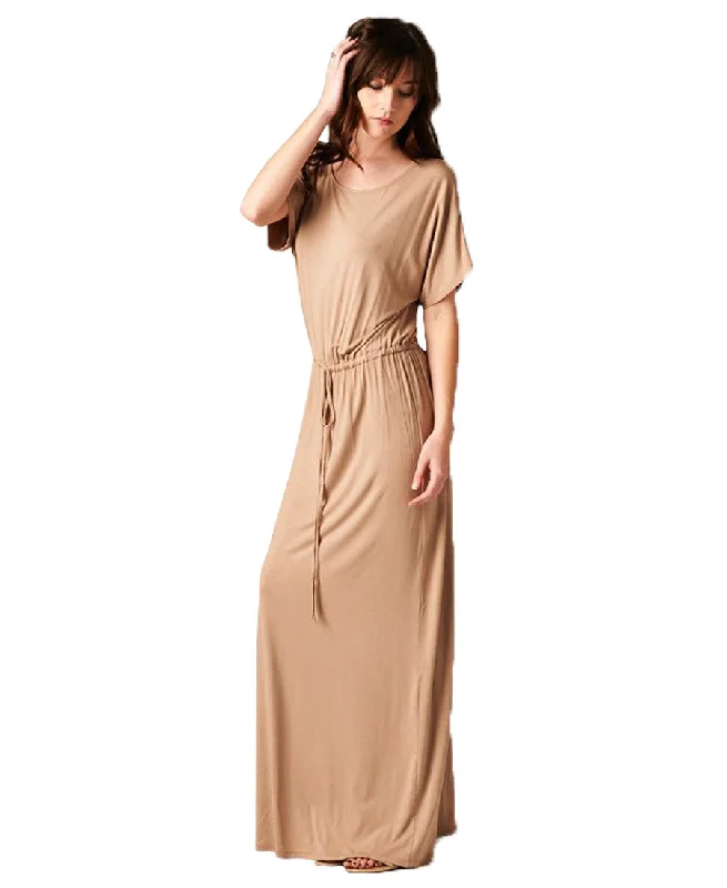 Short Sleeve Dolman Boyfriend Maxi Dress with Elastic Waist Drawstring Mocha Stylish Boho Chic Maxi Dress