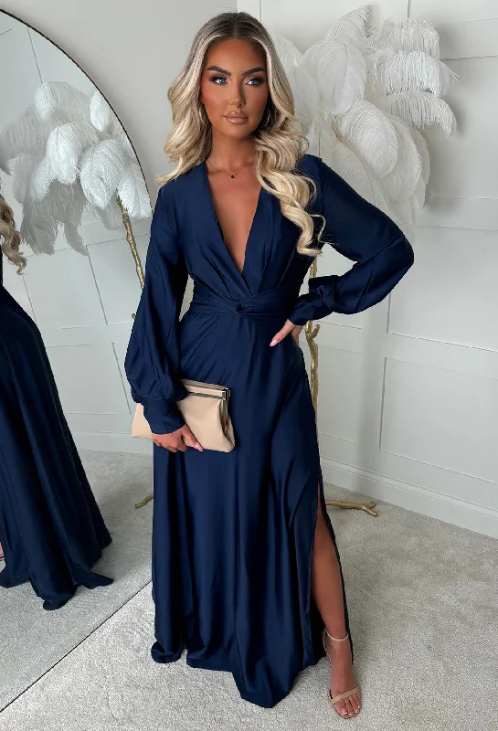 Sophisticated Illusion Navy Plunge Front Split Maxi Dress Cozy Cold-Shoulder Maxi Dress