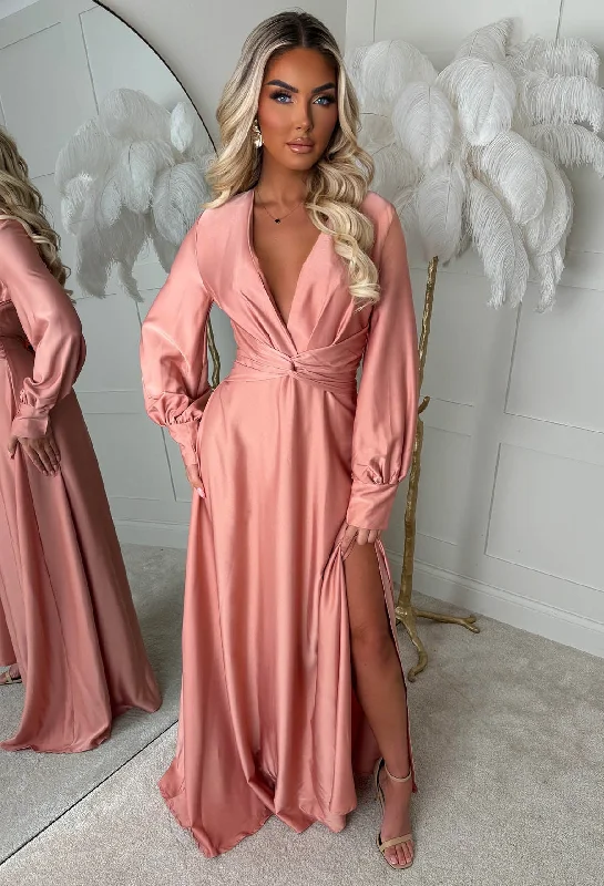 Sophisticated Illusion Pink Plunge Front Split Maxi Dress Stylish Long Sleeve Maxi Dress