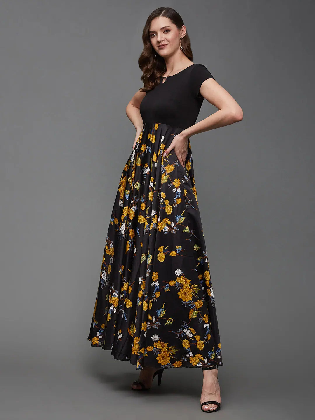 Spring Blossom Floral Printed Maxi Dress Multicolored-Base-Black Trendy Maxi Dress with Bow