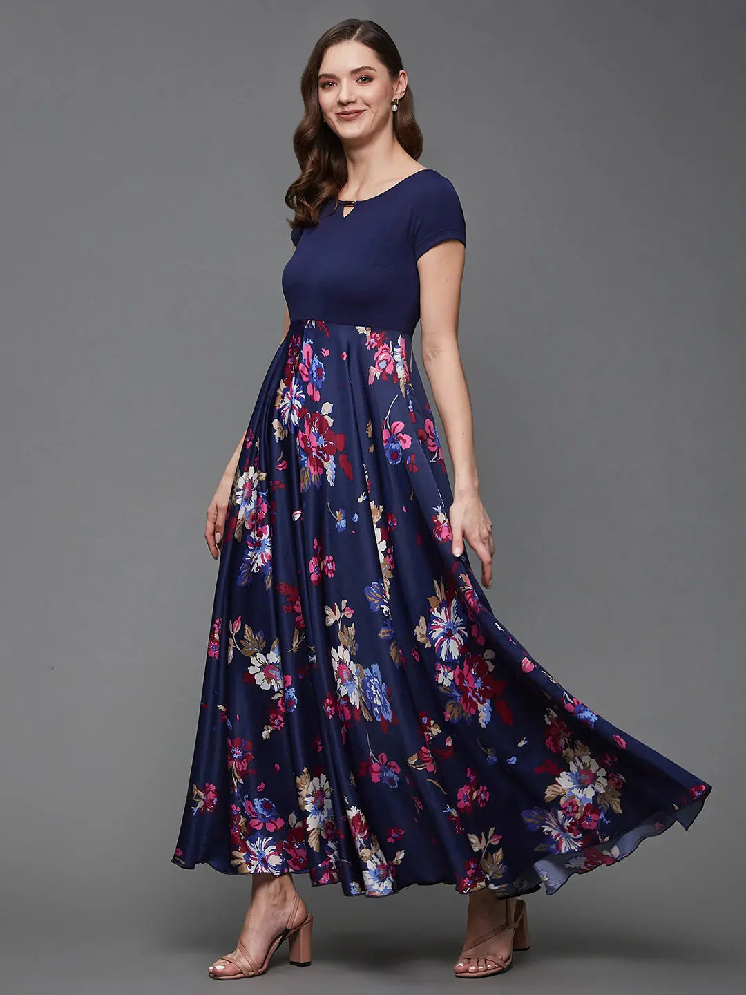 Spring Blossom Floral Printed Maxi Dress Multicolored-Base-Navy Blue Stylish Boho Chic Maxi Dress