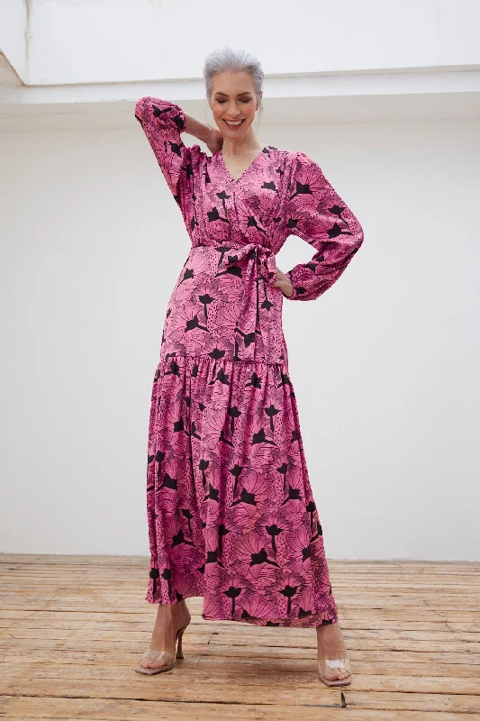 Stella Nova Tyra My Pink Flowers Maxi Dress Elegant Maxi Dress with Belt