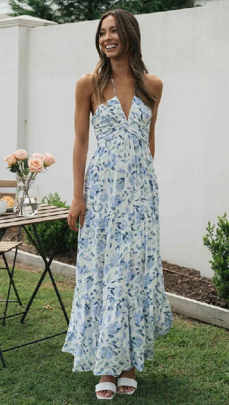 Summer Floral Print Spaghetti Strap V-neck Maxi Dress Elegant Maxi Dress with Ruffles