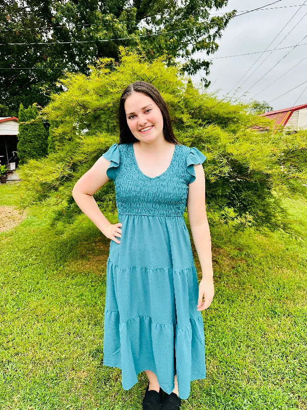 Teal Flutter Sleeve Maxi Dress Cozy Maxi Dress with Slit