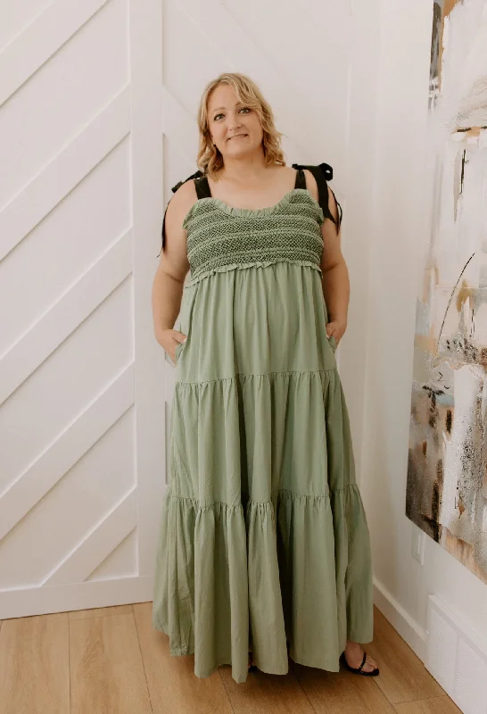 The Bette Bow Tie Shoulder Maxi Dress - Sage - PLUS Comfortable Bohemian Maxi Dress