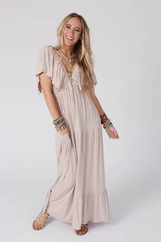 Three Bird Nest - On Repeat Open Back Ruffle Maxi Dress - Sand: L Fashionable High-Waist Maxi Dress