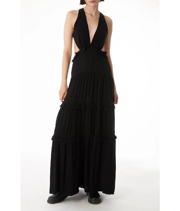 Tullamore Halter Neck Ruffled Trim Layered Skirt with Elastic Strap Maxi Dress Black Comfortable Maxi Dress with Slits