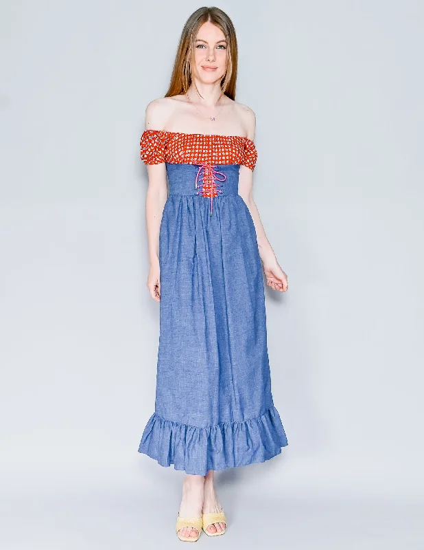 VINTAGE 70s Off-Shoulder Floral & Denim Lace-Up Waist Maxi Dress (XS) Stylish Boho Maxi Dress