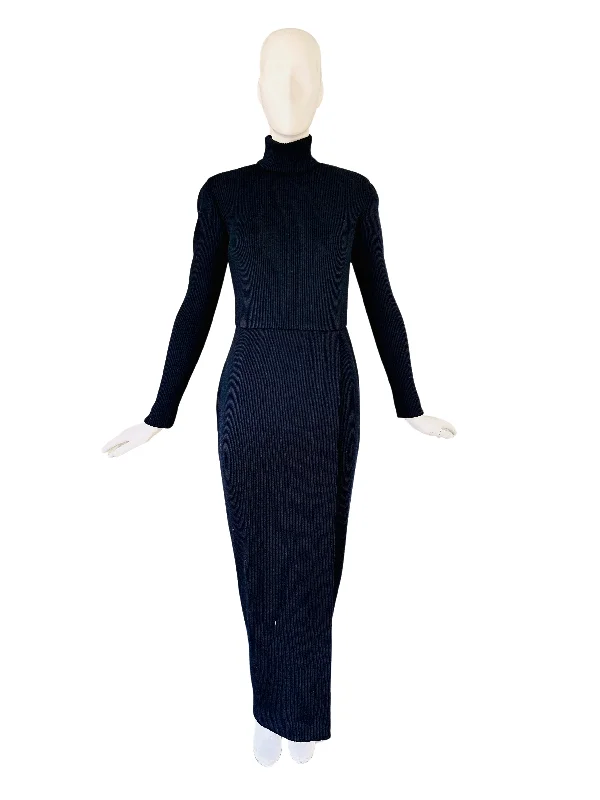 Vintage Badgley Mischka Navy Ribbed Knit Mock Neck Maxi Dress Classic Black Maxi Dress