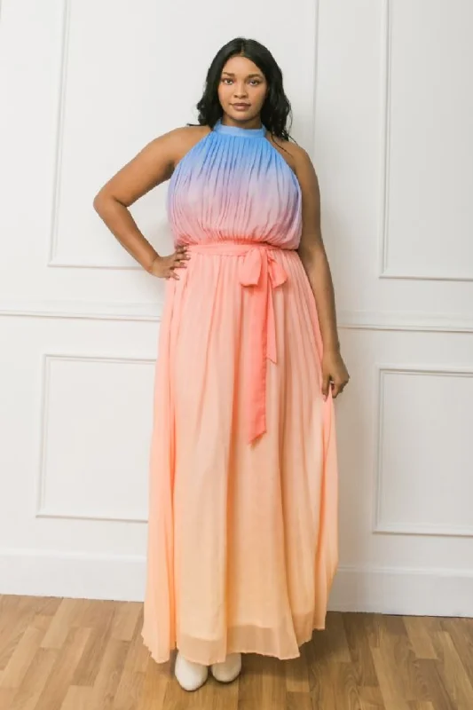 Walk Into The Sunset Ombre Pleated Plus Size Maxi Dress Fashionable Sleeveless Maxi Dress