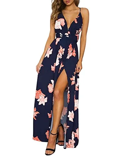 Women's Deep V Neck Backless Spaghetti Strap Floral Casual Maxi Dress | Original Brand Fashionable Layered Maxi Dress