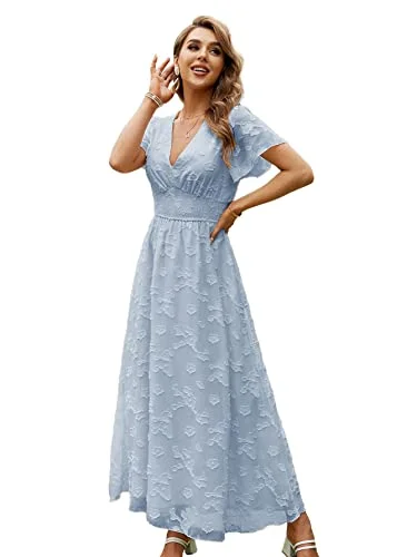 Women's Lace Floral Wedding Guest Formal Maxi Dress Summer V Neck Short Sleeve Long Flowy Party Evening Dress | Original Brand Stylish Long Sleeve Maxi Dress