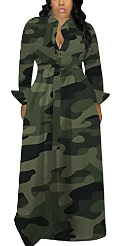 Women's Long Sleeve V Neck Long Maxi Dress Loose African Floral Print A Line Skirt Dresses Plus Size with Belt | Original Brand Comfortable Fitted Maxi Dress