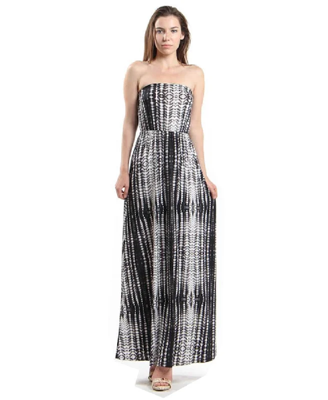 Strapless Tie Dye Maxi Dress Black White Gray Tie Dye Elegant Maxi Dress with Drapes