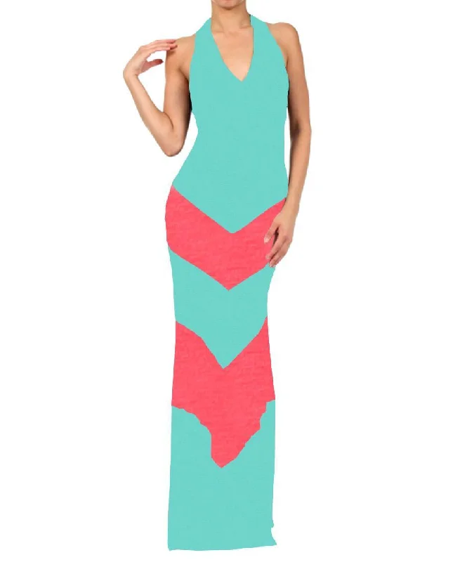 Halter Top Maxi Dress Chevron Mint Coral Trendy Off-Shoulder Ruffle Maxi Dress