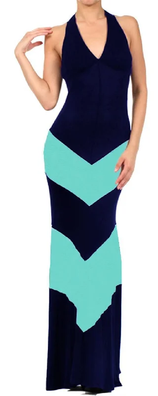 Halter Top Maxi Dress Chevron Navy Teal Trendy Floral Print Maxi Dress