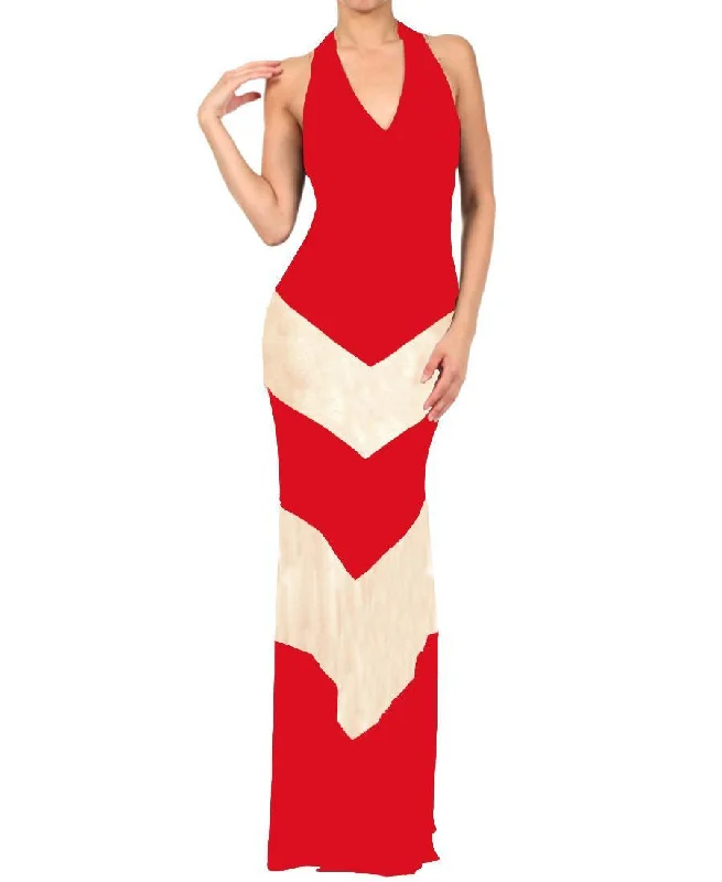 Halter Top Maxi Dress Chevron Red Taupe Elegant Pleated Maxi Dress