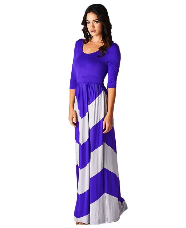 Maxi Dress 3/4 Sleeve Purple Gray Trendy Fit-and-Flare Maxi Dress