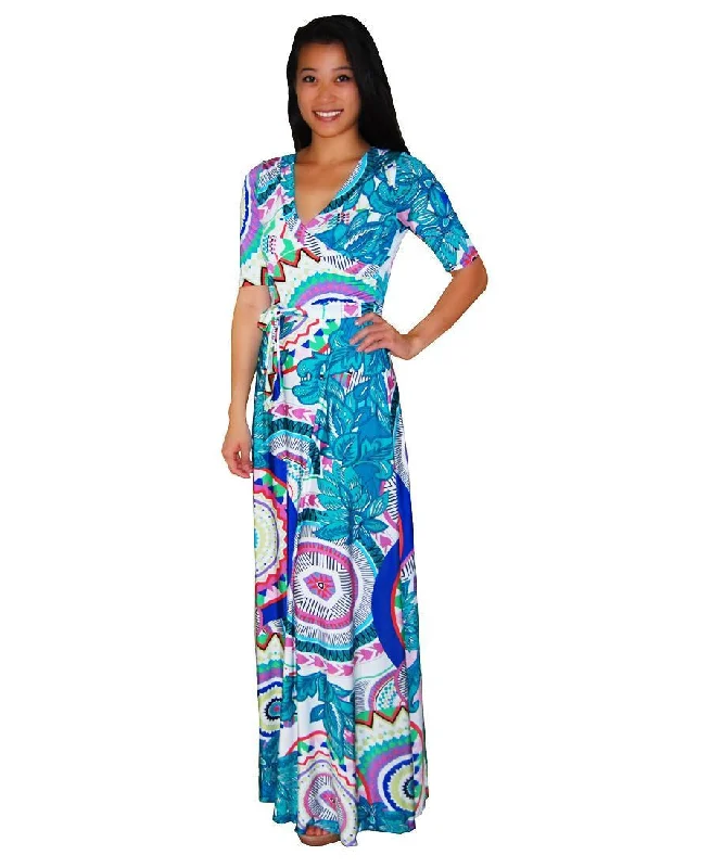 Maxi Dress with Sleeves Kaleidoscope Teal Trendy Floral Print Maxi Dress