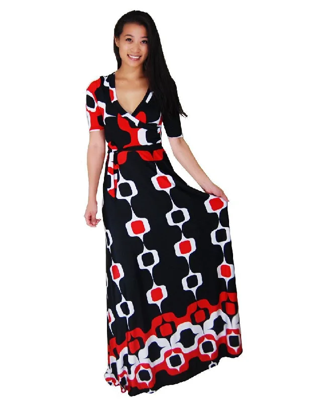 Maxi Dress with Sleeves Paper Chain Black Red Comfortable Cotton Maxi Dress