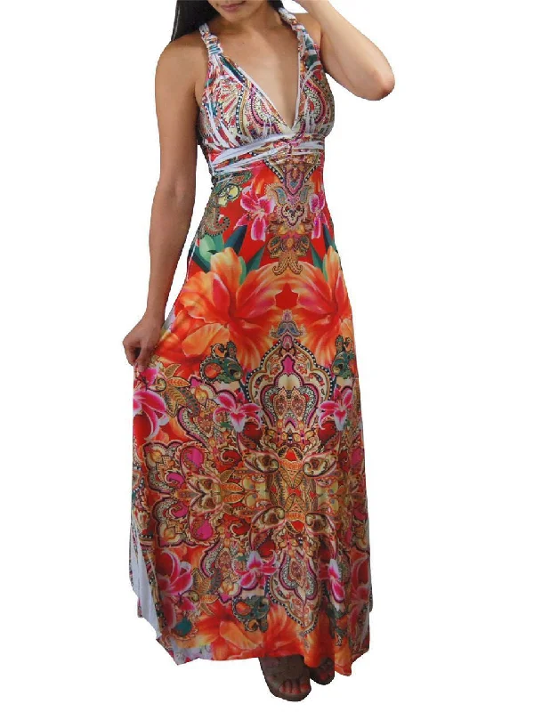 Premium Sleeveless Sublimation Maxi Dress Royal Flowers Orange Fashionable Button-Down Maxi Dress