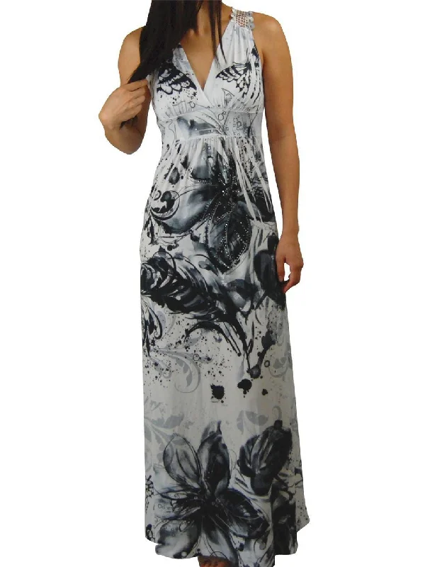 Premium Sleeveless Sublimation Maxi Dress White Black Floral Blossoms Stylish Long Sleeve Maxi Dress