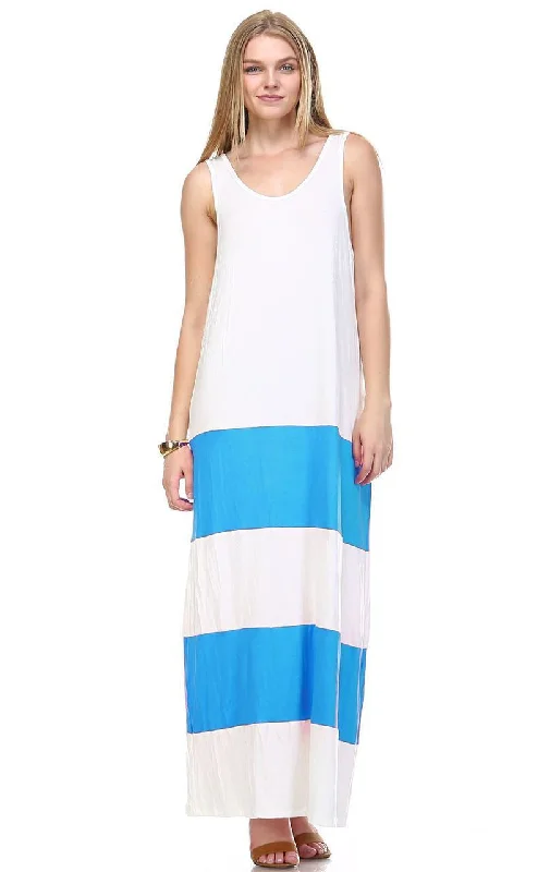 Racerback Maxi Dress Sleeveless White Blue Comfortable Ruffle Maxi Dress