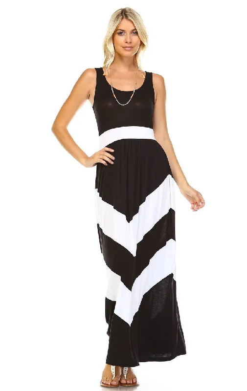 Sleeveless Evening Chevron Maxi Dress Black White Elegant Maxi Dress with Lace