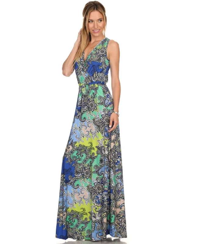 Sleeveless Paris Maxi Dress Paisley Ocean Blue Fashionable Maxi Dress with Fringe