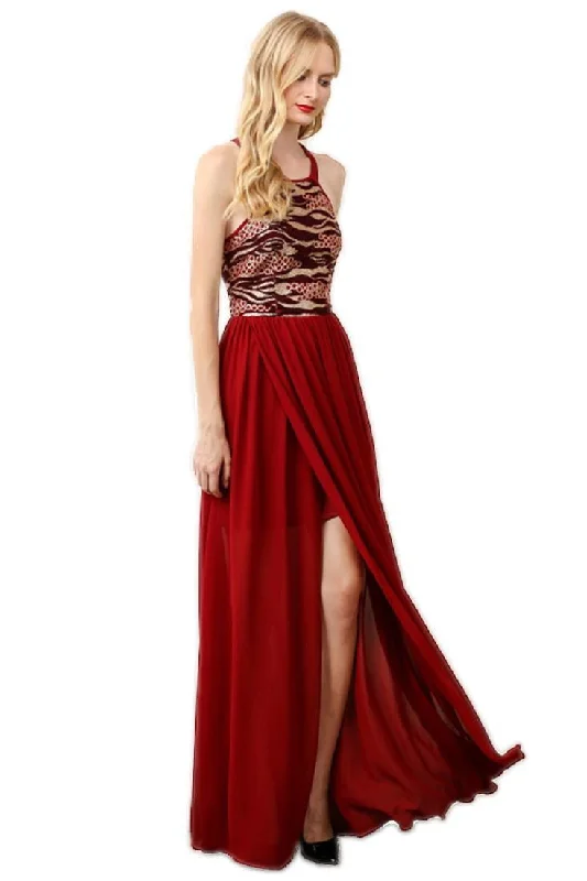 Sleeveless Sequin Maxi Dress High Slit Open Back Burgundy Elegant Maxi Dress with Pockets