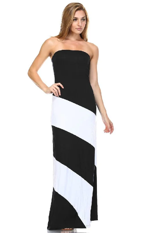 Strapless Maxi Dress Double-Lined Black White Colorblock Fashionable Printed Maxi Dress