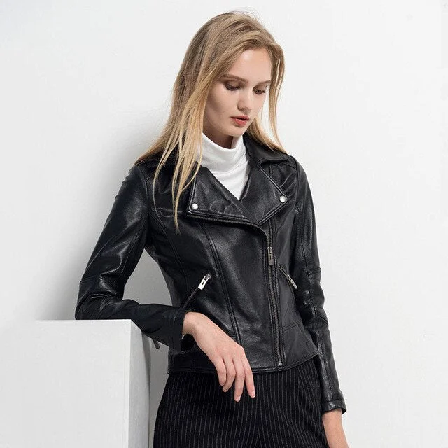 Womens Fashion Black Sheepskin Leather Jacket Notch Collar Jacket Peter Pan Collar Jacket Cowl Neck Jacket Womens Fashion Black Sheepskin Leather Jacket Notch Collar Jacket Peter Pan Collar Jacket Cowl Neck Jacket