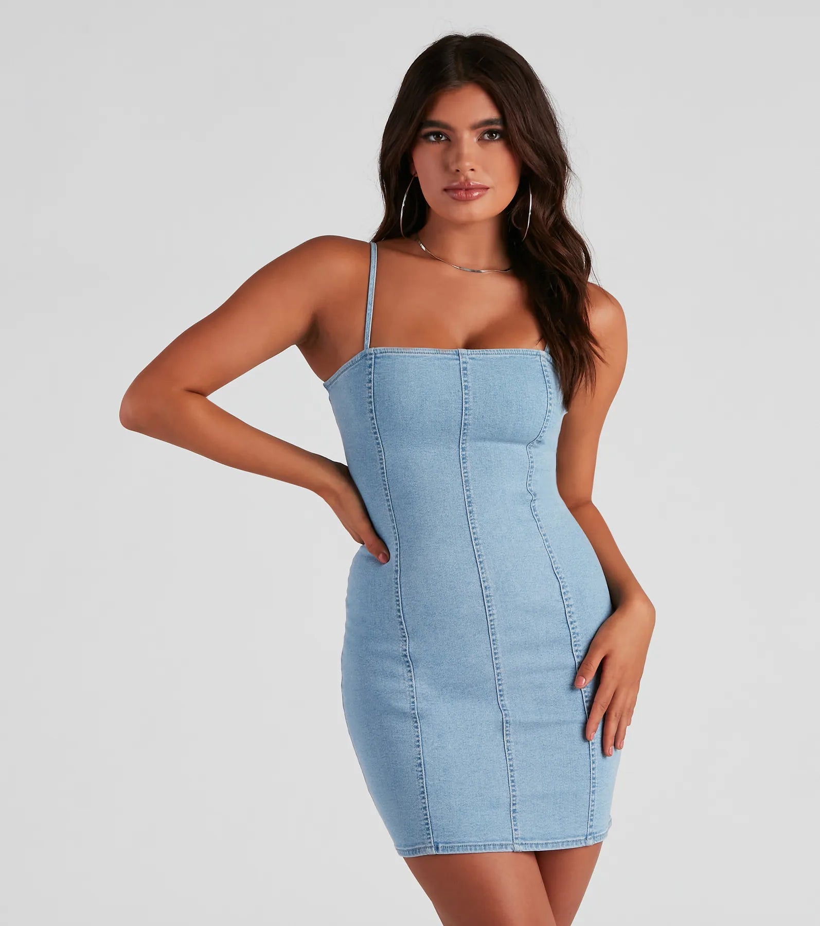 Denim Days Square Neck Mini Dress Cozy Cowl Neck Mini Dress