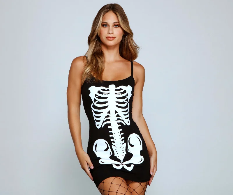 Glam Ghoul Skeleton Print Mini Dress Trendy Camisole Mini Dress