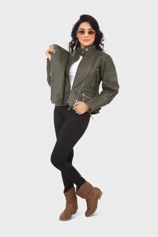 HAARLEM Women KUZE 11104 Leather Jacket Olive Green Anorak Shell Jacket Lightweight Jacket HAARLEM Women KUZE 11104 Leather Jacket Olive Green Anorak Shell Jacket Lightweight Jacket