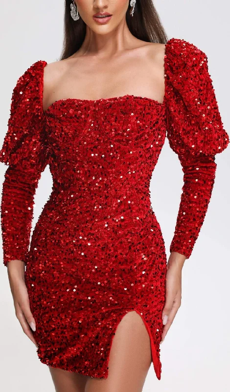 Sequin Puff Sleeve Mini Dress In Red Stylish Ruffle Mini Dress