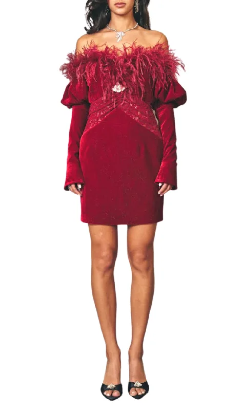 RED VELVET OFF SHOULDER MINI DRESS Casual Mini Dress with Pockets