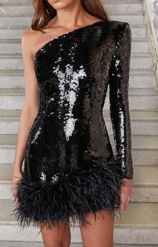 BLACK SEQUIN ONE SHOULDER FEATHER MINI DRESS Fashionable Summer Mini Dress