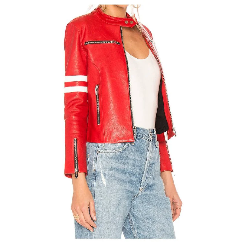 Womens Short Body Red Leather Fashion Jacket Zippered Front Buttoned Front Snap Front Womens Short Body Red Leather Fashion Jacket Zippered Front Buttoned Front Snap Front