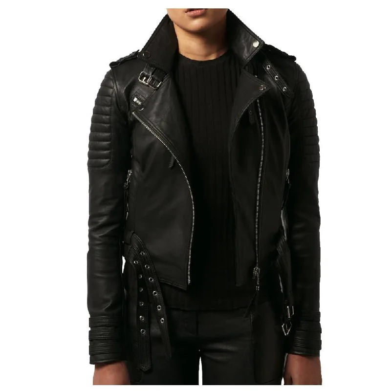 WOMEN WAIST BELTED MOTO SLIM FIT BIKER JACKET LAMBSKIN BIKER JACKET Zippered Jacket Buttoned Jacket Snapped Jacket WOMEN WAIST BELTED MOTO SLIM FIT BIKER JACKET LAMBSKIN BIKER JACKET Zippered Jacket Buttoned Jacket Snapped Jacket