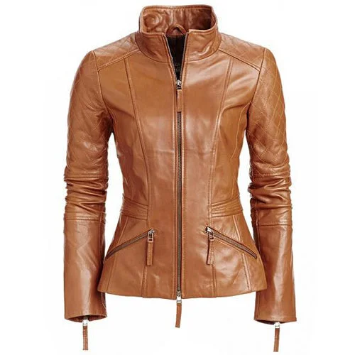 Women's stylish English Tan leather jacket with quilted patches Appliqued Jacket Beaded Jacket Sequined Jacket Women's stylish English Tan leather jacket with quilted patches Appliqued Jacket Beaded Jacket Sequined Jacket